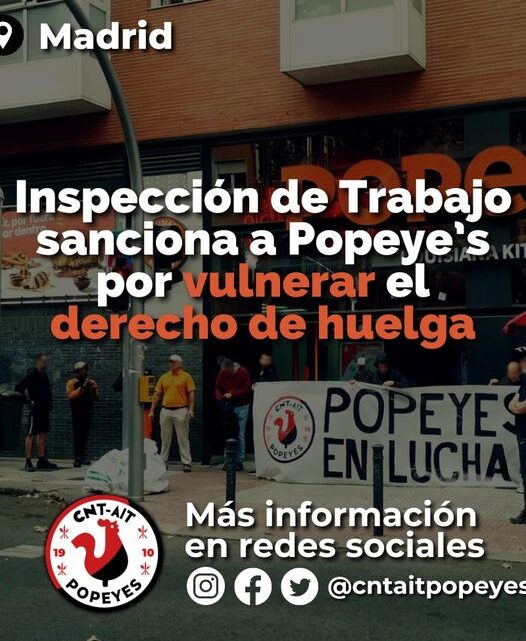 Inspección de Trabajo sanciona a Popeye´s por vulnerar el derecho de huelga